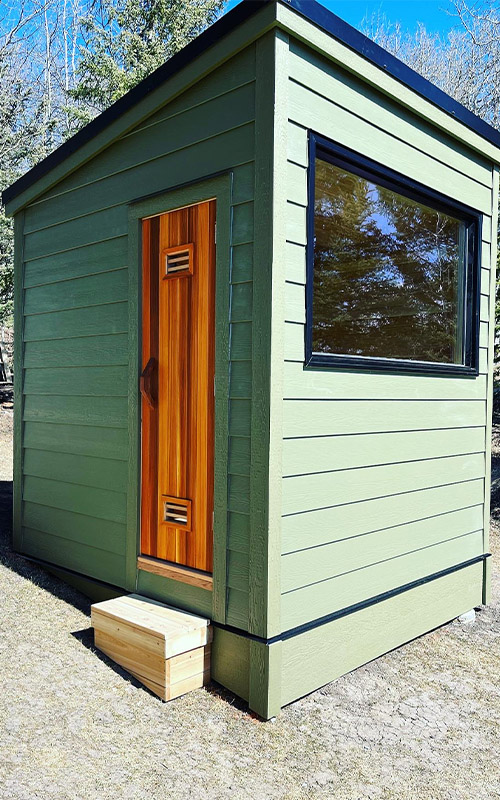 Custom Sauna Green Exterior, with window by Sauna Builder